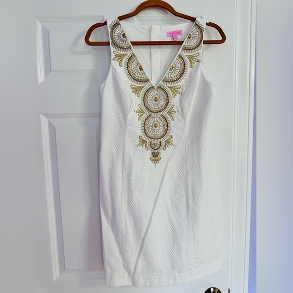 Lilly Pulitzer Gabby Shift Dress in Resort White w Gold embroidery sz 4-like new - Picture 11 of 16